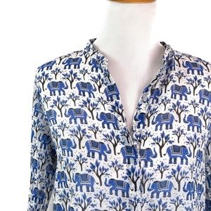 Hartford Elephant Print Popover Shirt Cobalt Blue